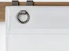 A close-up view of a white curtain with a metal ring attached, hanging from a wooden rod with metal clips. Produktbild-Vorschau