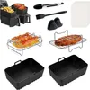 A collage of various air fryer accessories, including silicone baskets, racks, tongs, and a brush. Produktbild-Vorschau