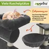 A cat sleeping on a cat tree, with text highlighting its features. Produktbild-Vorschau