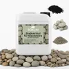 A white plastic canister of Roxlin Botanic Kiesbinder is displayed prominently, surrounded by various types of gravel and small stones. Several small piles of different colored and sized stones are also visible in the background. Produktbild-Vorschau