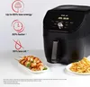 An Instant Pot Vortex Slim Airfryer is shown with marketing text highlighting its energy efficiency, speed, and oil reduction. Food items, chicken skewers and french fries, are also displayed. Produktbild-Vorschau