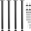 Four black table legs with adjustable feet and a set of screws and tools are displayed against a white background. Podgląd zdjęcia produktu