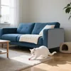A white cat is stretching on a rug in front of a blue sofa in a living room. Produktbild-Vorschau