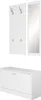 A white hallway set including a coat rack with hooks and a shoe cabinet with a mirror. Produktbild-Vorschau
