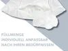 A close-up view of a white pillow with its zipper partially open, revealing the filling. Text overlays describe the product's features. Produktbild-Vorschau