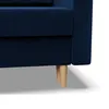 A close-up view of the bottom corner of a dark blue sofa, showing its wooden legs. Produktbild-Vorschau