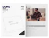 The image shows the front and right side of a product box for a DUX DUCIS DOMO case. The front displays a line drawing of a tablet with a stylus and text. The right side features a lifestyle image of a man using a tablet, along with various icons and text. Produktbild-Vorschau