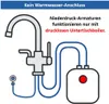 Diagram showing a low-pressure faucet connected to an under-sink boiler, with text explaining its functionality. Produktbild-Vorschau