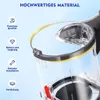 Close-up of a transparent dust container with feature callouts. Produktbild-Vorschau