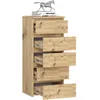 A tall, narrow dresser with five drawers, made of wood-look material, is shown against a white background. A metal horse figurine and books are on top of the dresser. Produktbild-Vorschau