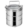 A three-tiered stainless steel tiffin carrier with a handle. Anteprima dell’immagine prodotto