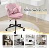 A pink office chair is shown in the center, with four smaller images at the bottom showcasing different uses of the chair: applying makeup, working, studying, and relaxing. Text overlays indicate the chair's multi-purpose nature. Produktbild-Vorschau