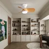 A ceiling fan with light and wooden blades is installed on a white ceiling above a bookshelf and a desk. Náhled obrázku produktu