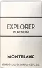 A close-up of the front of a Mont Blanc Explorer Platinum perfume box. Voir les images du produit