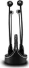 A pair of black wireless earbuds with a charging stand. Produktbild-Vorschau