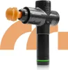 A massage gun with a carbon fiber-like texture and an orange attachment is shown against a white background with orange curved shapes. Produktbild-Vorschau