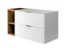 A modern bathroom vanity with a white ribbed drawer front and a brown open shelving unit. Produktbild-Vorschau