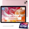 A pink tablet with a colorful abstract wallpaper displayed on its screen, along with a stylus pen and a smaller representation of the tablet. Text overlays highlight product specifications. Produktbild-Vorschau