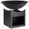 A black metal fire pit with a bowl-shaped top and a square base with an open compartment. Produktbild-Vorschau