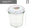 A clear glass jar with a decorative lid, showing dimensions. Podgląd zdjęcia produktu
