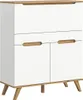 A white and wood cabinet with angled legs. Anteprima dell’immagine prodotto
