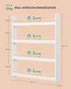 A diagram showing the dimensions and weight capacity of a white bookshelf with wooden rods. Produktbild-Vorschau