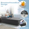 A woman is using a laptop on an inflatable mattress with a headrest. The image also shows close-ups of product features like a cup holder and a connection for a pump. Náhled obrázku produktu