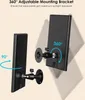 Two black solar panels mounted on a wall with adjustable brackets, demonstrating their 360-degree rotation capability. Produktbild-Vorschau