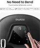 A close-up of a black foot massager with a digital display and touch controls, showing a finger interacting with the controls. Text overlays describe features and benefits. Náhľad obrázku produktu