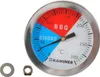 A close-up studio shot of a BBQ grill thermometer with a dial face and a metal casing. The dial is divided into colored sections indicating temperature ranges for 'SMOKE' and 'BBQ'. A nut and washer are visible in the lower left corner. Produktbild-Vorschau