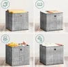 A collage of four images showing grey fabric storage boxes filled with different items, each with an icon above indicating the contents. Produktbild-Vorschau