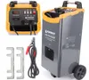 A collage of images showing a car battery charger and its accessories. Produktbild-Vorschau
