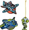 A collage of three space-themed cartoon-style items: two spacecraft and a small alien figure with a string attached. Voir les images du produit