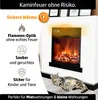 A white electric fireplace with a realistic flame effect, shown with text overlays highlighting its features and a cat lying in front of it. Produktbild-Vorschau