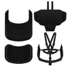 A collection of black baby high chair accessories, including a tray, a seat cushion, and a harness system, arranged on a white background. Voir les images du produit