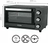 A black ICQN mini oven is shown from a front-side angle with dimensions indicated. Produktbild-Vorschau