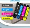 Four ink cartridges are lined up, with text labels indicating quantities and colors. Produktbild-Vorschau