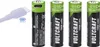 A USB-C charging cable and four rechargeable AA batteries are shown against a white background. Produktbild-Vorschau