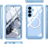 Multiple views of a light blue phone case with a clear back and a white magnetic ring. Náhled obrázku produktu