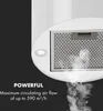 Close-up of a white range hood with a silver filter and a light, showing smoke being drawn in. Text indicates 'POWERFUL' and airflow capacity. Náhľad obrázku produktu