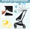 A black stroller with a canopy, shown with diagrams illustrating its adjustable features and a close-up of a removable part. Produktbild-Vorschau