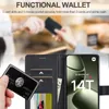 A person's hand is holding a black card in front of a wallet-style phone case, with a phone inside. Produktbild-Vorschau