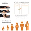 Diagrams and images illustrating different sleeping positions and age groups, along with text describing mattress suitability for single and double beds, and ergonomic benefits. Produktbild-Vorschau