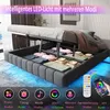 A bed with its storage compartment open, showing folded linens and clothes, with LED lighting underneath and a remote control and smartphone app interface displayed. Náhľad obrázku produktu