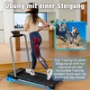 A woman is using a treadmill with an incline feature, with an inset image showing a person hiking up a mountain. Produktbild-Vorschau