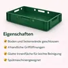 A green plastic crate is shown from a slightly elevated side angle, with text describing its features below. Produktbild-Vorschau