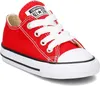 A single red Converse Chuck Taylor All Star sneaker for children is shown from a side-angle on a white background. Voir les images du produit