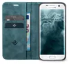 A teal flip case wallet for a Samsung Galaxy S7 edge phone, with cards and a banknote inserted. Produktbild-Vorschau