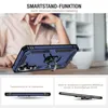 A person's hands are shown holding a blue smartphone case with a ring stand. Produktbild-Vorschau