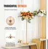 Two tall, clear acrylic and gold flower stands with floral arrangements on top, displayed on a table. Text overlays highlight product features. Podgląd zdjęcia produktu